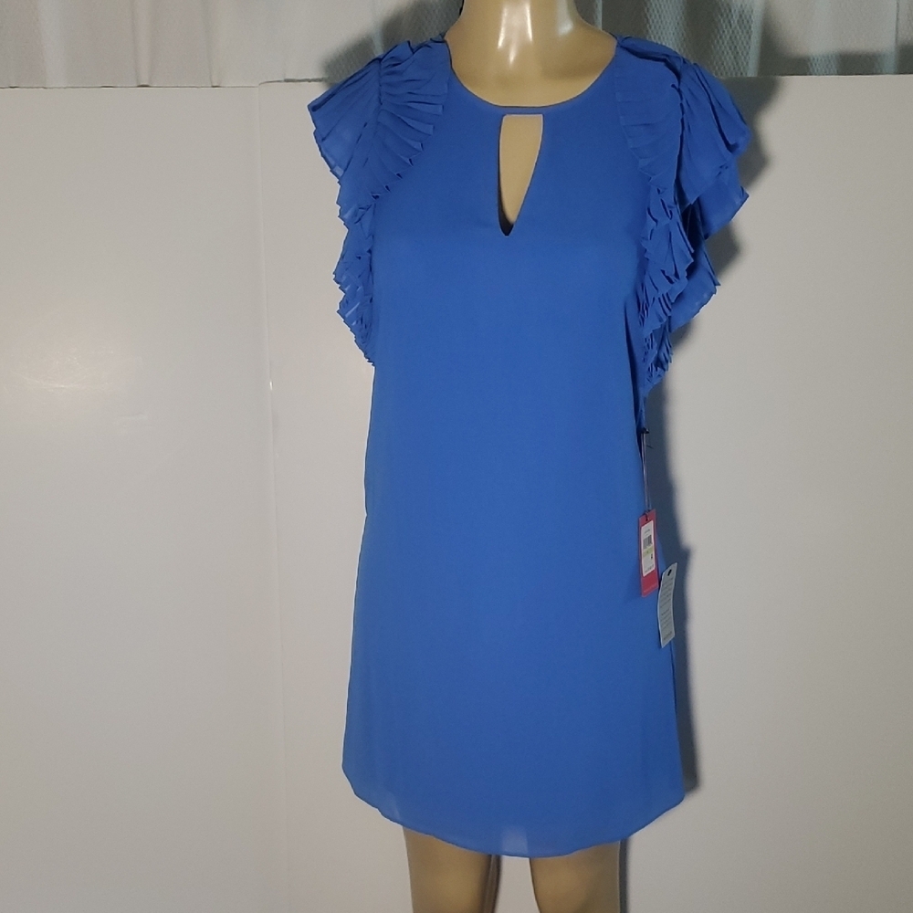 NWT Vince Camuto Pleated Sleeve Chiffon Float Shift Dress Periwinkle Blue Siz4